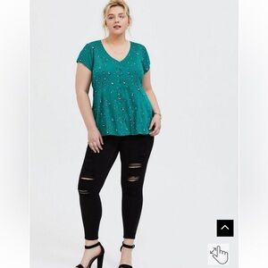 Torrid Emerald Green and Leopard Print Blouse with Corset Lace Up Back, 1X